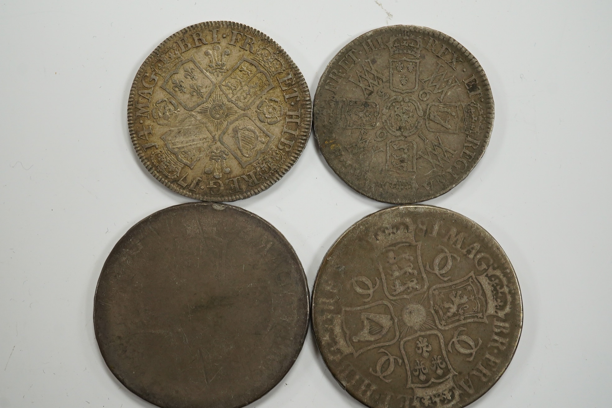 British silver coins, Stuart period, two Charles II crowns, Charles II half crown, William III crown, Queen Anne crown, William and Mary half crown